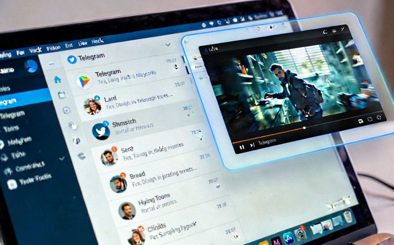 电脑桌面截图：主窗口是Telegram的聊天列表，一个小的画中画视频窗口悬浮在右上角，播放着视频内容