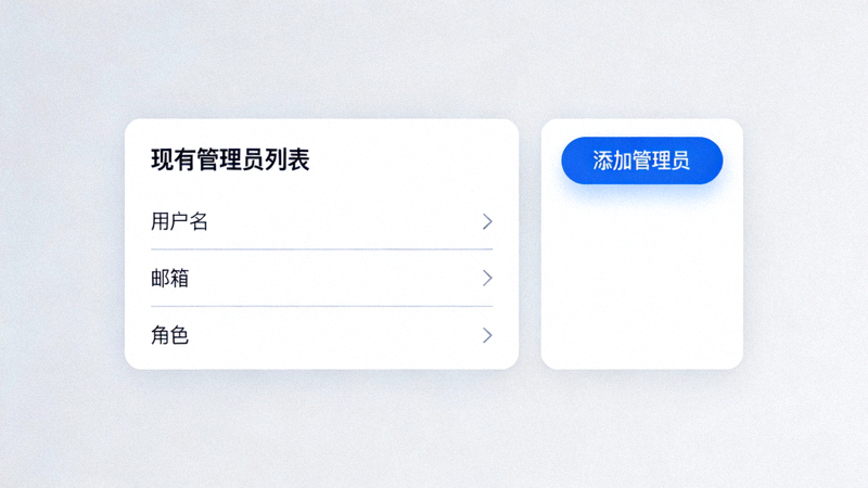 管理员设置界面，显示添加管理员按钮和现有管理员列表