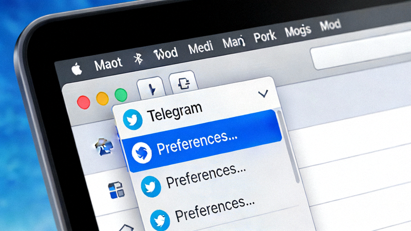 macOS屏幕顶部菜单栏截图，显示‘Telegram’菜单被打开，下拉菜单中的‘Preferences...’选项被高亮