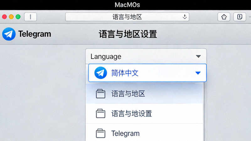macOS Telegram语言与地区设置页面截图，‘Language’下拉框展开，其中‘简体中文’选项被选中