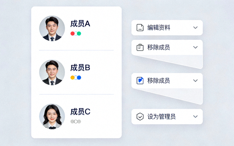 群组成员管理界面，展示成员列表和每个成员旁边的操作菜单
