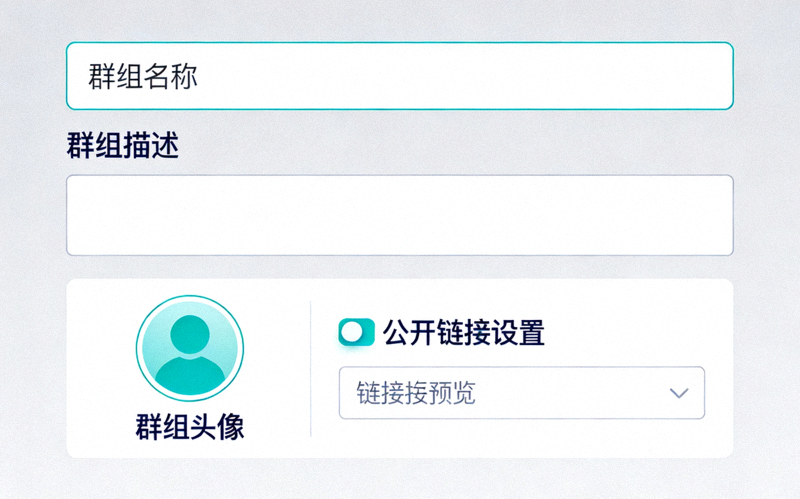 群组信息编辑界面，展示名称、描述、头像和公开链接设置区域
