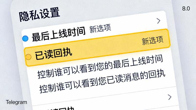 Telegram 8.0 隐私设置面板截图，高亮显示‘最后上线时间’和‘已读回执’的新选项