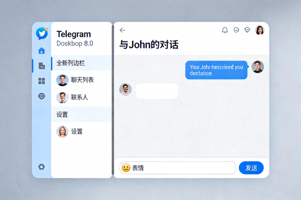 Telegram Desktop 8.0 主界面横幅图，展示全新的侧边栏设计和聊天窗口布局