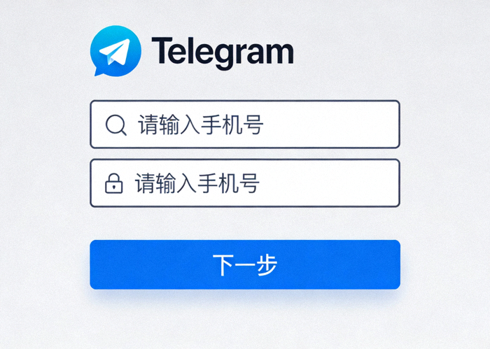 Telegram电脑版登录界面截图，显示手机号输入框和下一步按钮