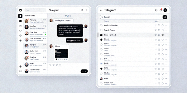 Telegram电脑版多窗口工作界面，同时展示聊天窗口和文件搜索窗口