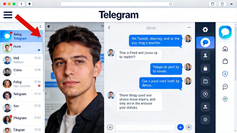 Telegram电脑版主界面截图，红色箭头指向左上角的三条横线菜单图标