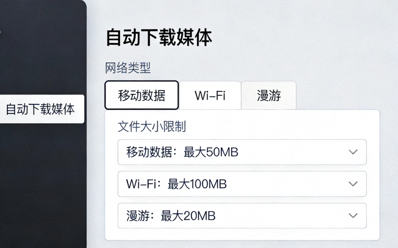 Telegram电脑版自动下载媒体设置界面截图，展示针对不同网络类型的文件大小限制选项