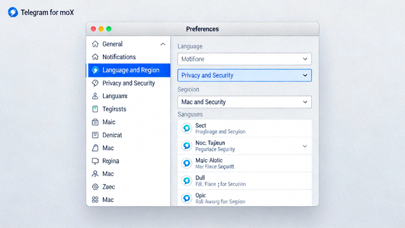 Telegram for macOS偏好设置窗口截图，左侧列表中的‘Language and Region’语言与地区选项被选中