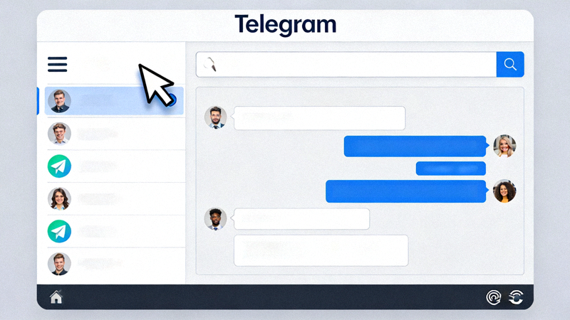 Windows版Telegram主界面截图，鼠标光标正点击左上角的三条横线菜单按钮，准备打开设置