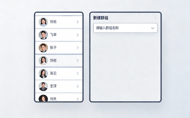 新建群组对话框截图，展示联系人选择列表和群组名称输入框
