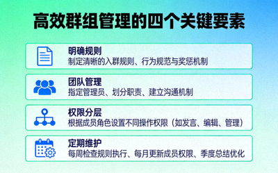 信息图：展示高效群组管理的四个关键要素 - 明确规则、团队管理、权限分层和定期维护