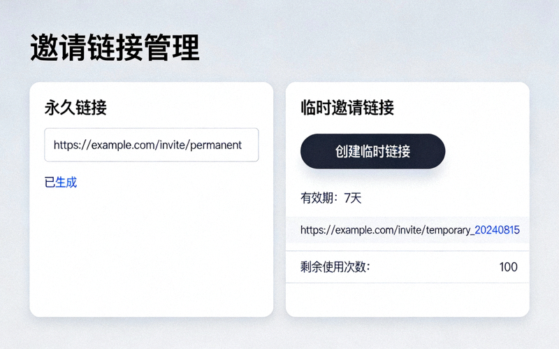 邀请链接管理界面，展示永久链接和可创建的临时邀请链接选项